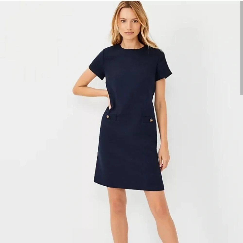 Ann Taylor NWT Short Sleeve Navy Blue Textured Pocket Shift Dress Sz 16 - Picture 1 of 11